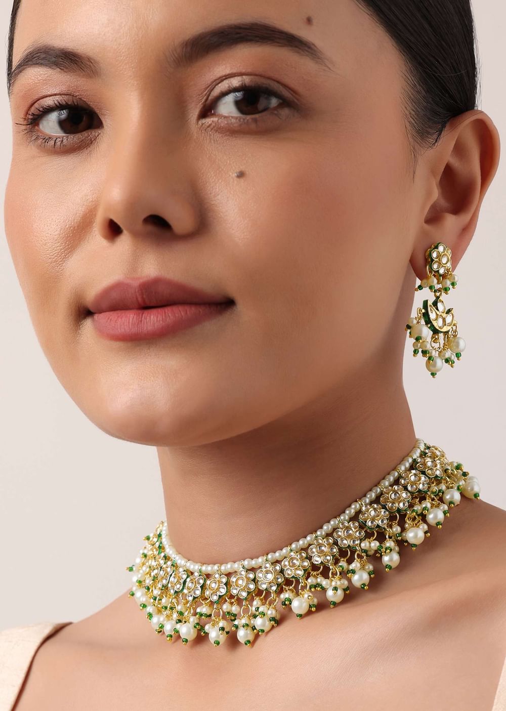 Green And Gold Kundan Short Necklace Set