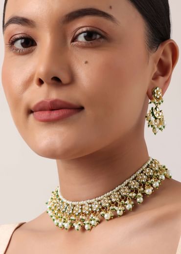 Green And Gold Kundan Short Necklace Set