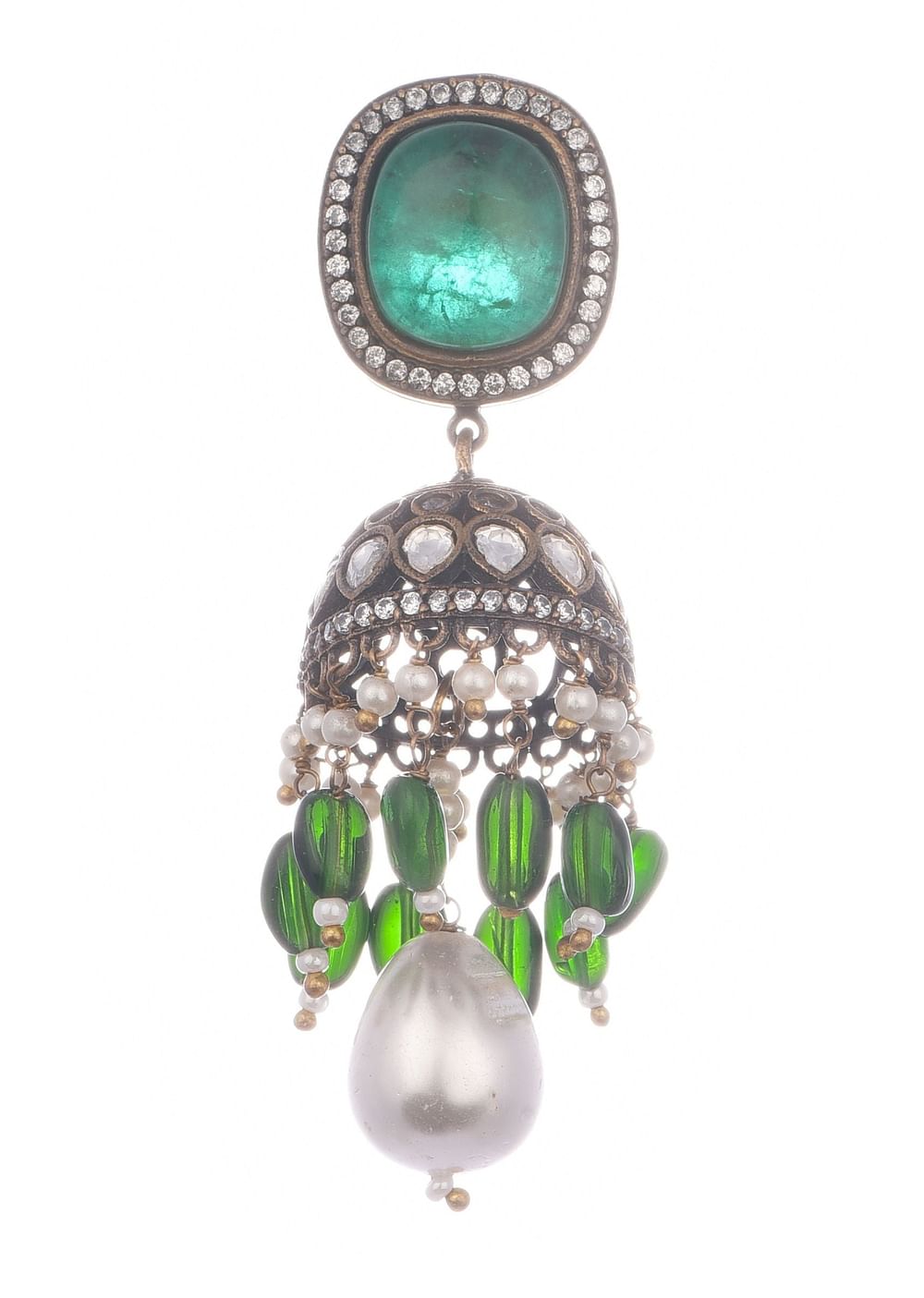 Green And Gold Uncut Polki Long Necklace Set