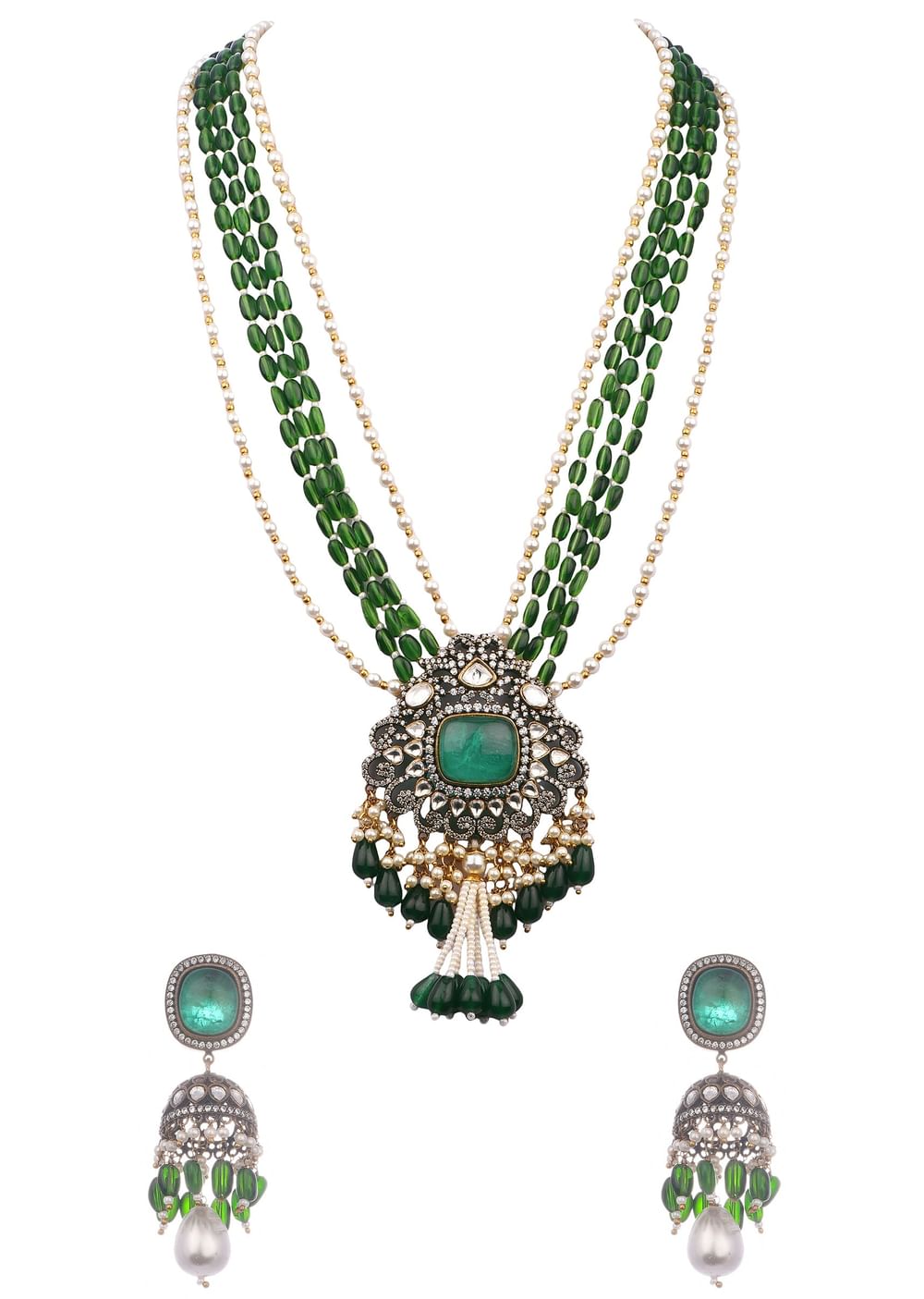 Green And Gold Uncut Polki Long Necklace Set