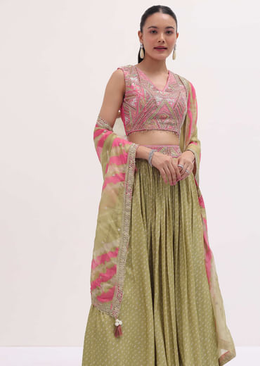 Green And Pink Lehenga With Embroidered Choli And Dupatta