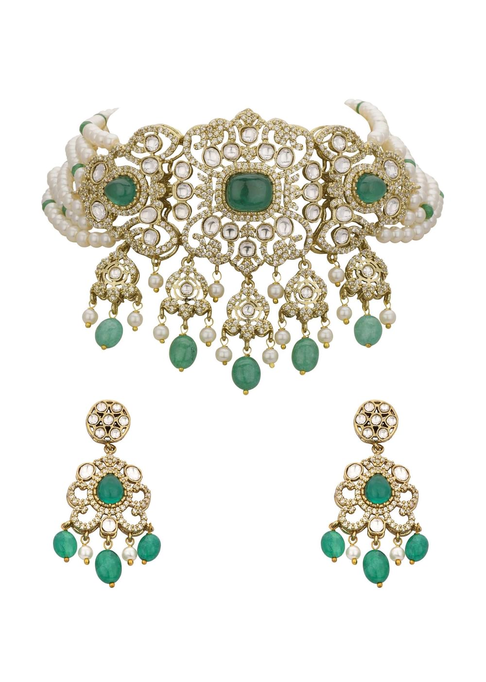 Green And White Choker Set With Encrusted Polki