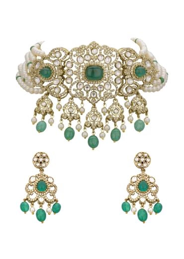 Green And White Choker Set With Encrusted Polki
