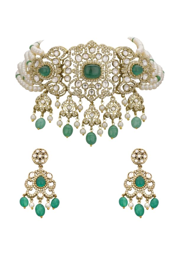 Green And White Choker Set With Encrusted Polki Green And White Choker Set With Encrusted Polki