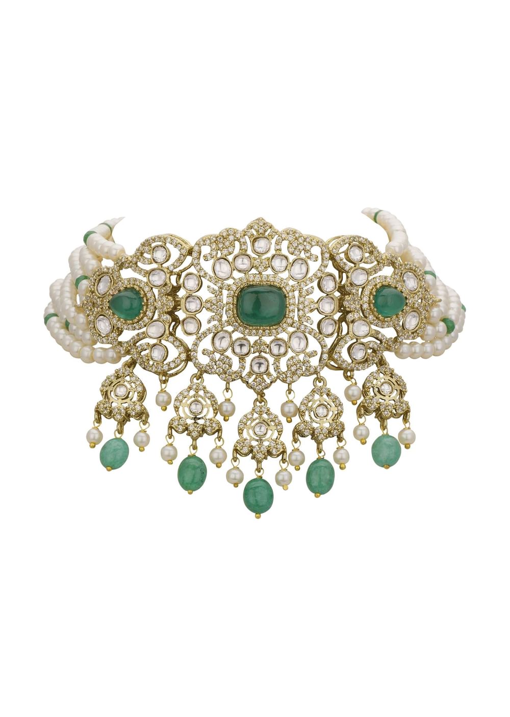 Green And White Choker Set With Encrusted Polki