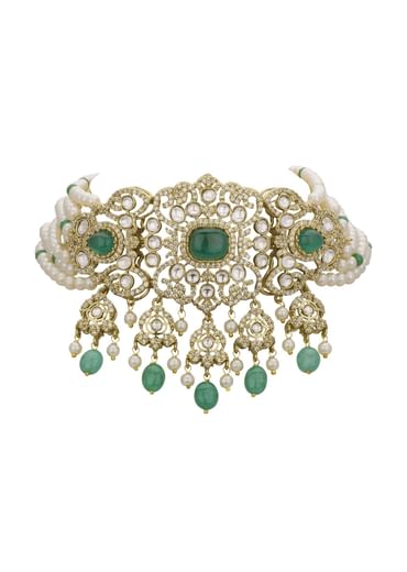 Green And White Choker Set With Encrusted Polki