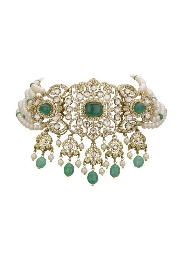 Green And White Choker Set With Encrusted Polki Green And White Choker Set With Encrusted Polki