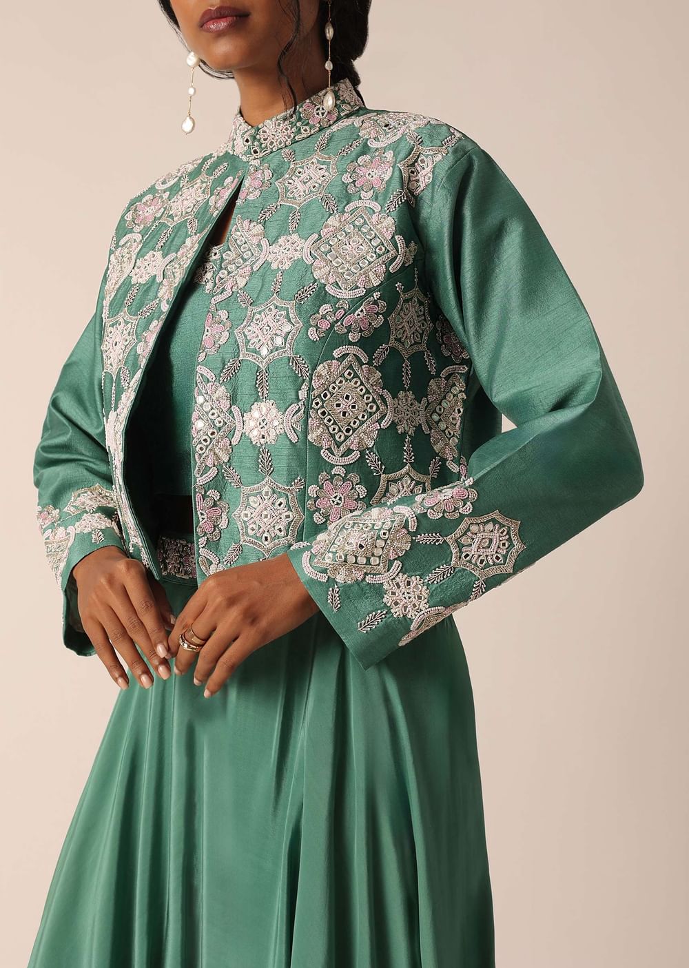 Green Art Silk Palazzo Set With Mirror Work