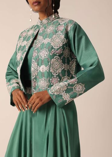 Green Art Silk Palazzo Set With Mirror Work