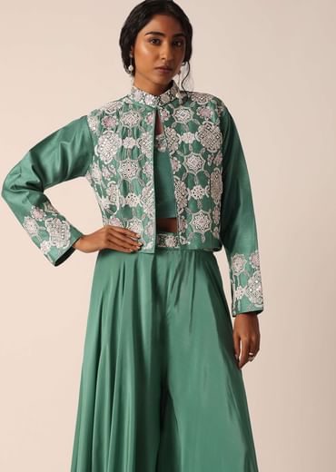 Green Art Silk Palazzo Set With Mirror Work