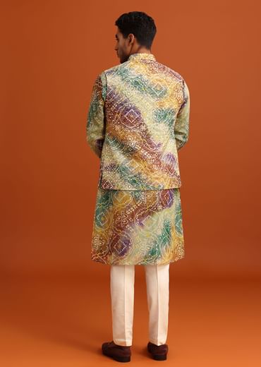 Green Bandhani Print Jacket Kurta Set In Georgette