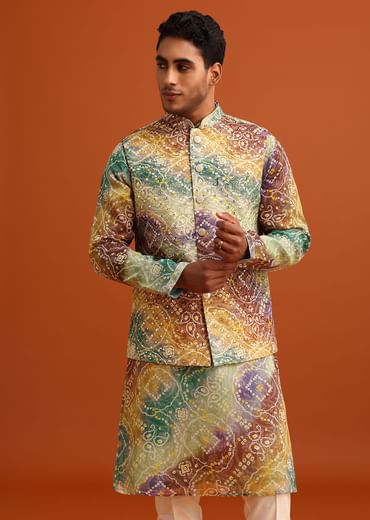 Green Bandhani Print Jacket Kurta Set In Georgette