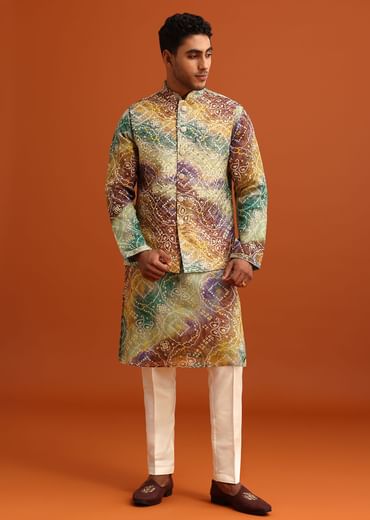 Green Bandhani Print Jacket Kurta Set In Georgette