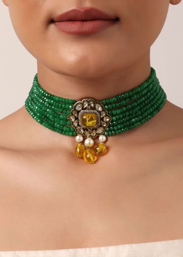 Green Beaded Choker Set With Yellow Floral Pendant