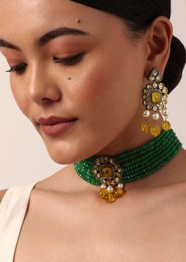 Green Beaded Choker Set With Yellow Floral Pendant