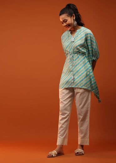Green And Blue Kaftan With Tassels On Chevron Print