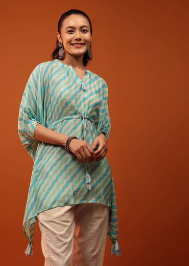 Green And Blue Kaftan With Tassels On Chevron Print
