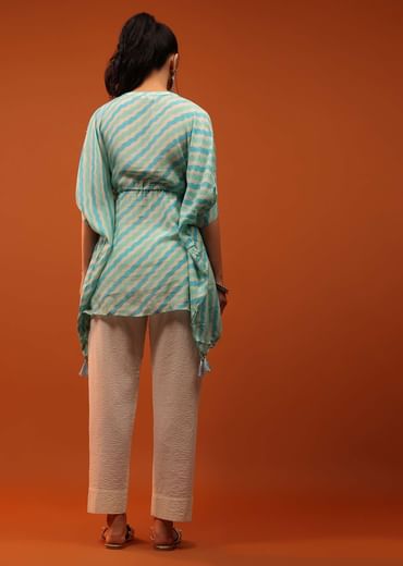 Green And Blue Kaftan With Tassels On Chevron Print
