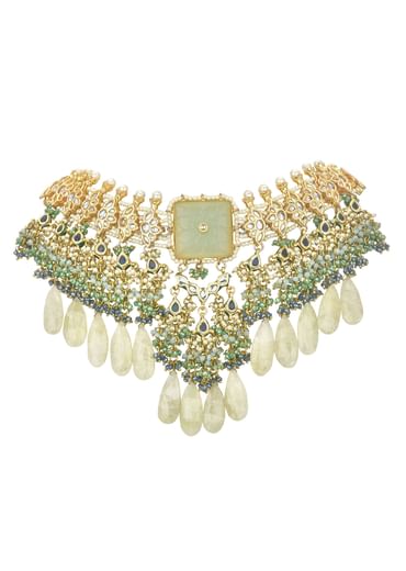 Green Bridal Choker Set With Beige Stones And Kundan