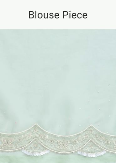 Sea Green Chikankari Saree In Organza Silk With Sequin Scallop Border And Unstitched Blouse Fabric