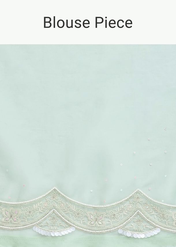 Sea Green Chikankari Saree In Organza Silk With Sequin Scallop Border And Unstitched Blouse Fabric