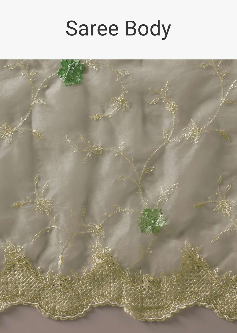 Green Chikankari Saree In Organza Silk With Resham Floral Jaal And Unstitched Blouse Fabric