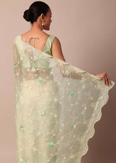 Green Chikankari Saree In Organza Silk With Resham Floral Jaal And Unstitched Blouse Fabric