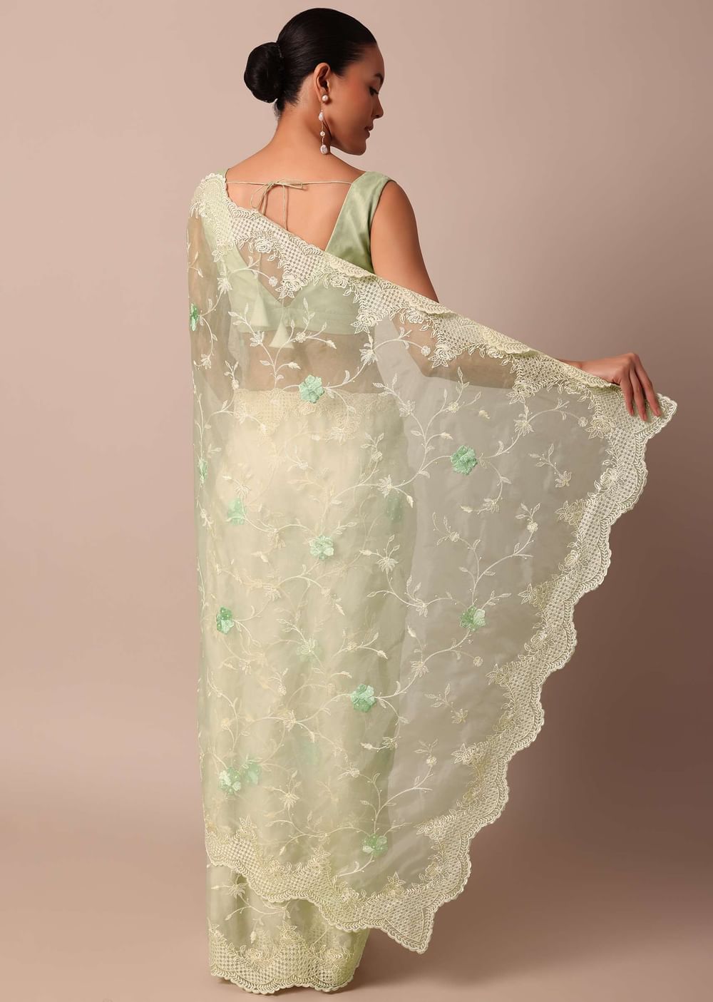 Green Chikankari Saree In Organza Silk With Resham Floral Jaal And Unstitched Blouse Fabric