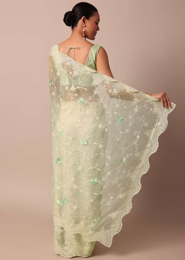 Green Chikankari Saree In Organza Silk With Resham Floral Jaal And Unstitched Blouse Fabric