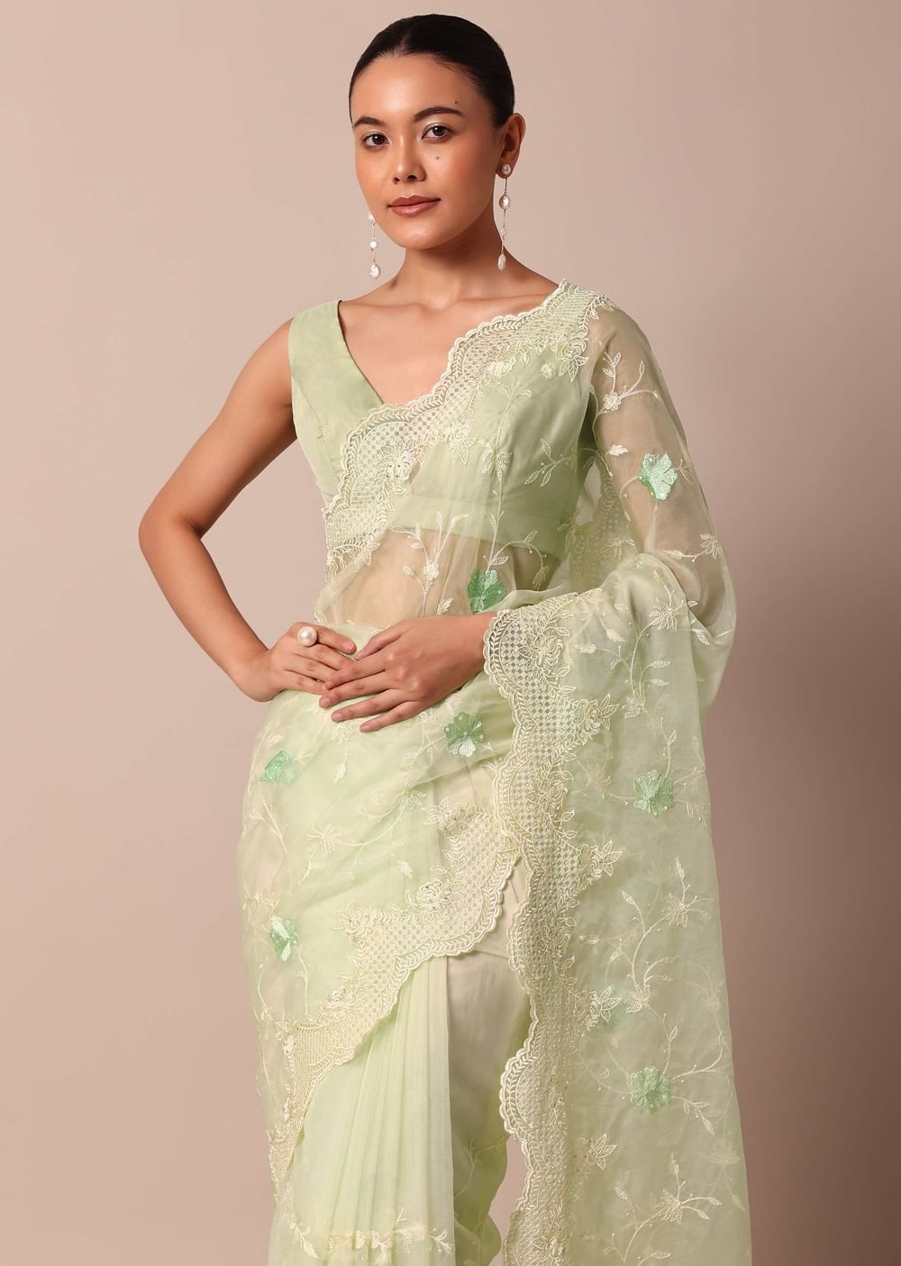 Green Chikankari Saree In Organza Silk With Resham Floral Jaal And Unstitched Blouse Fabric