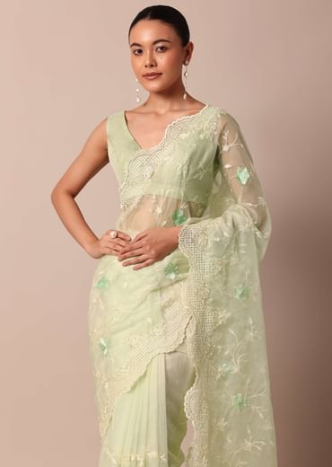 Green Chikankari Saree In Organza Silk With Resham Floral Jaal And Unstitched Blouse Fabric