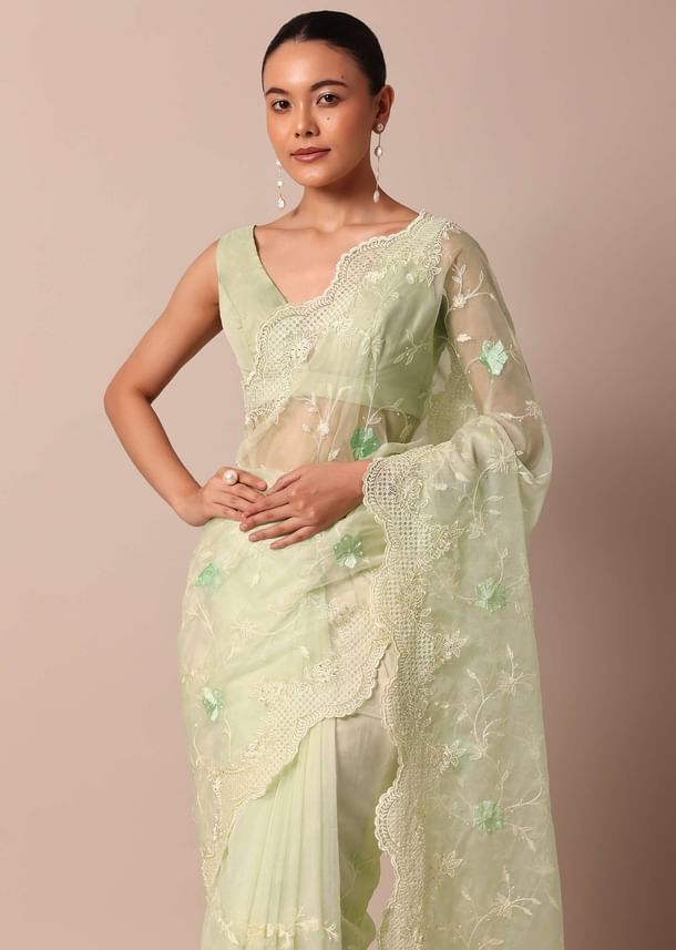 Green Chikankari Saree In Organza Silk With Resham Floral Jaal And Unstitched Blouse Fabric