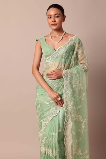Sea Green Chikankari Saree In Organza Silk With Sequin Scallop Border And Unstitched Blouse Fabric