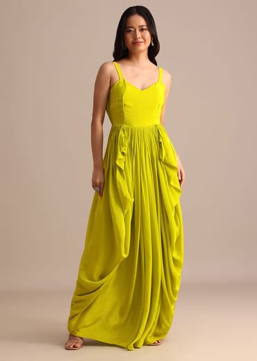 Green Crepe Pleated Gown With Embroidered Jacket