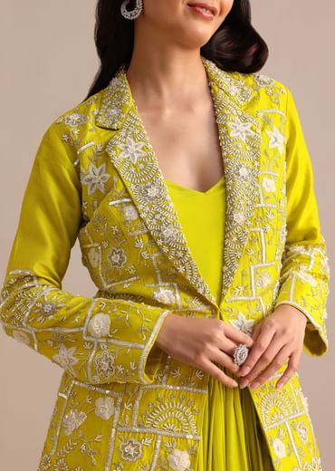 Green Crepe Pleated Gown With Embroidered Jacket