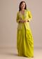 Green Crepe Pleated Gown With Embroidered Jacket