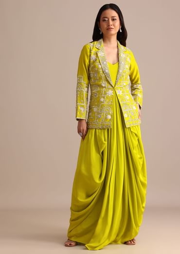 Green Crepe Pleated Gown With Embroidered Jacket