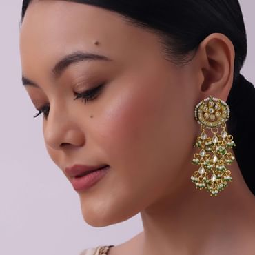 Green And Gold Toned Kundan Earrings