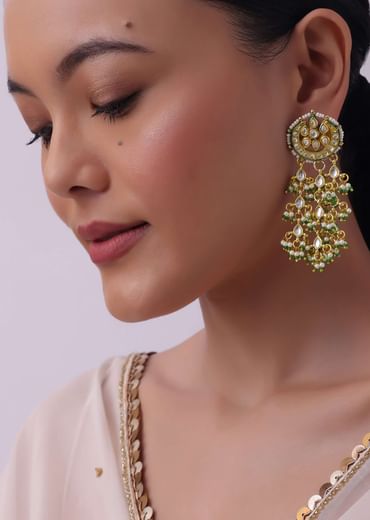 Green And Gold Toned Kundan Earrings