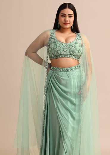 Light Aqua Draped Skirt With Net Cape