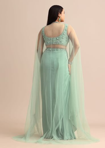Light Aqua Draped Skirt With Net Cape