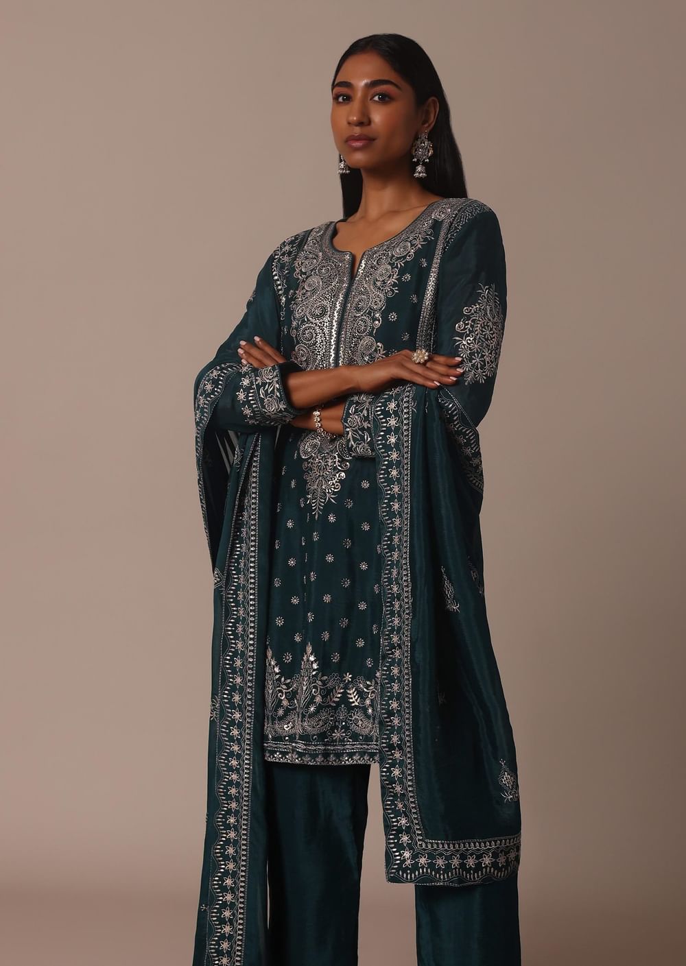 Green Embellished Pant Set With Thread Work Kurta