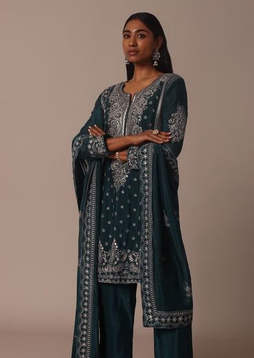 Green Embellished Pant Set With Thread Work Kurta