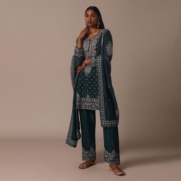 Green Embellished Pant Set With Thread Work Kurta