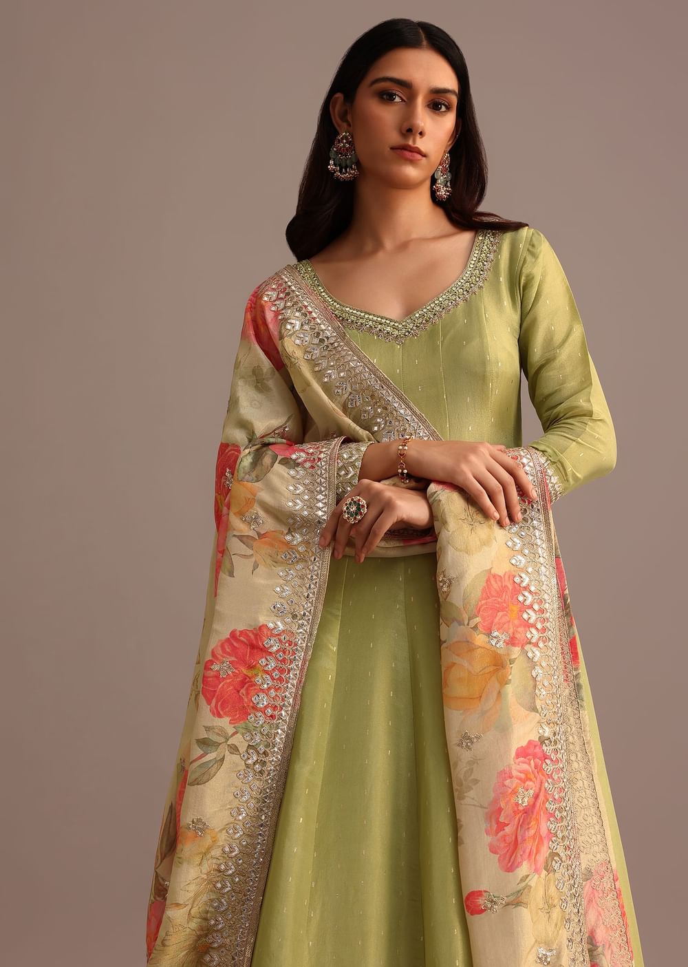 Green Embroidered Anarkali Suit With Floral Printed Dupatta