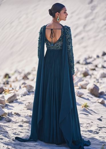 Green Embroidered Crepe Gown With Choker Dupatta