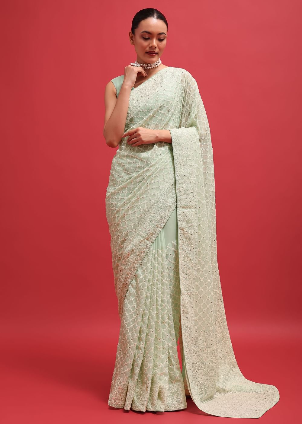 Green Embroidered Georgette Chikankari Saree With Unstitched Blouse