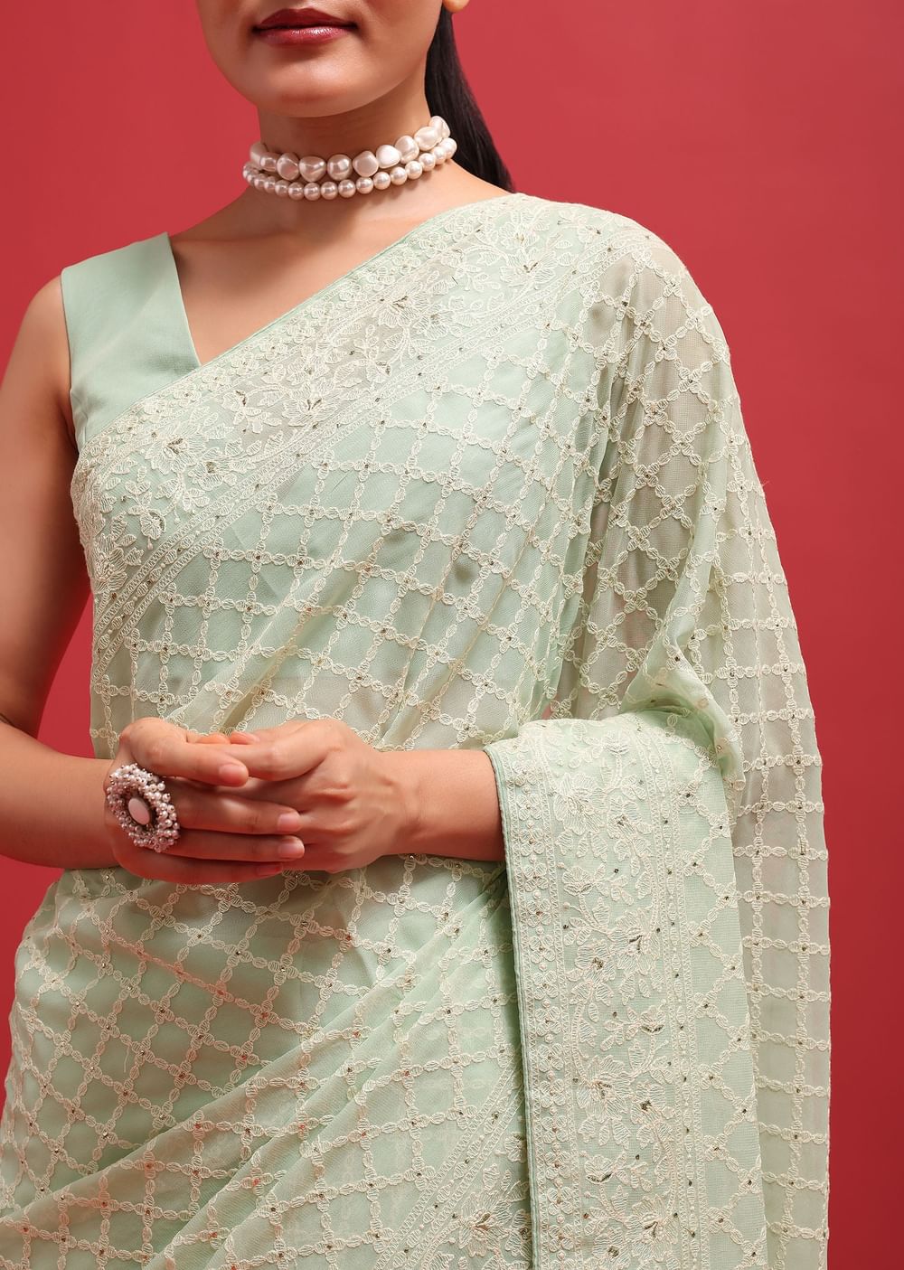 Green Embroidered Georgette Chikankari Saree With Unstitched Blouse