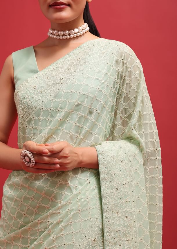 Green Embroidered Georgette Chikankari Saree With Unstitched Blouse