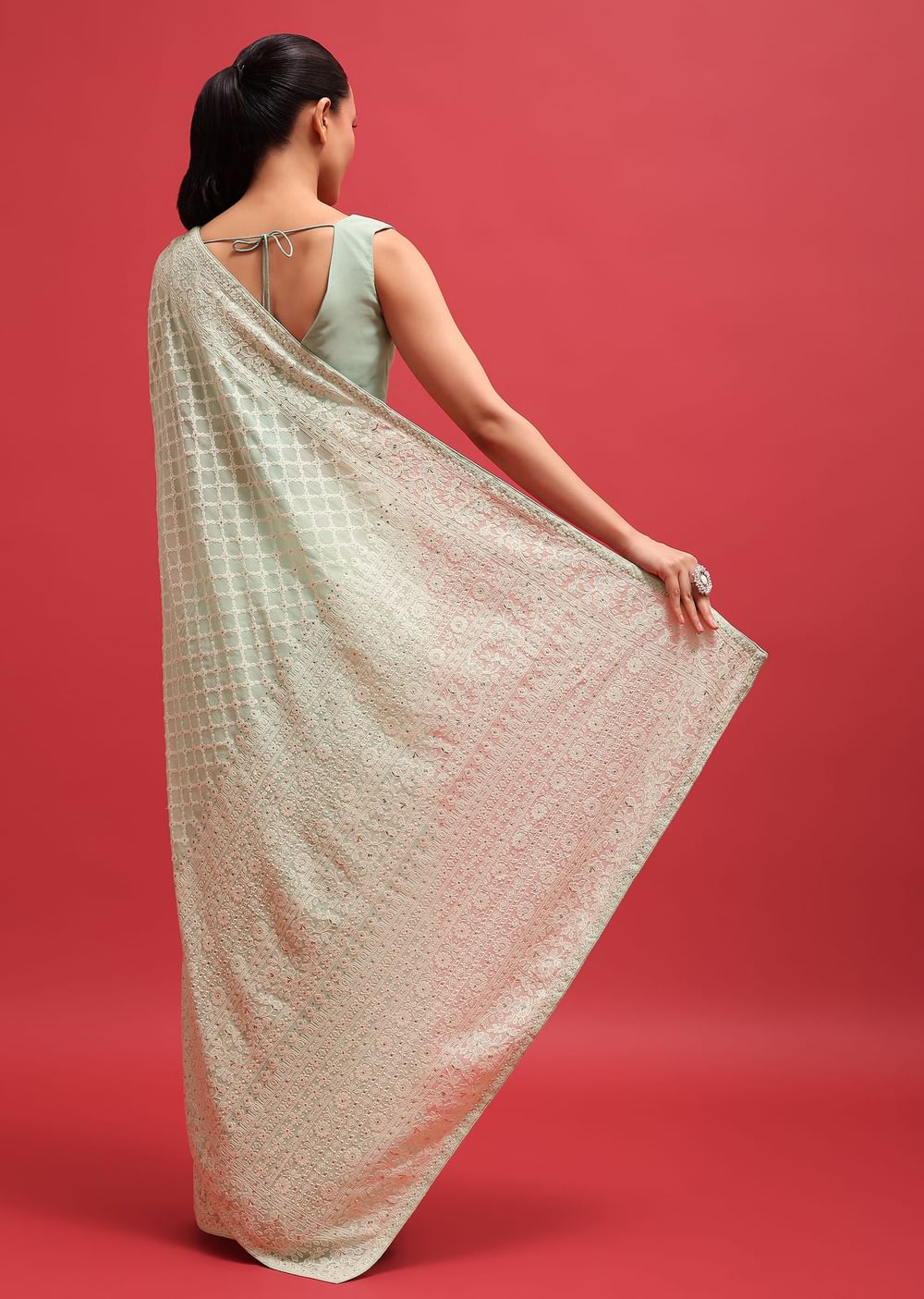 Green Embroidered Georgette Chikankari Saree With Unstitched Blouse